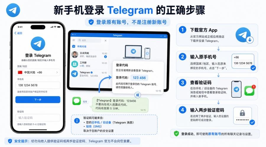 Telegram 换手机后怎么登录?新手机登录、验证码和聊天同步 配图 1