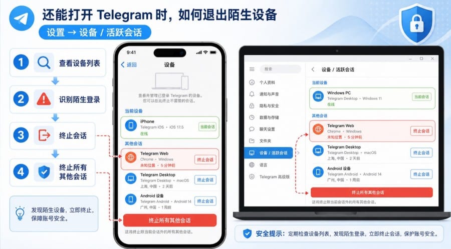 Telegram 账号被别人登录怎么办?陌生设备退出与账号找回方法 配图 1