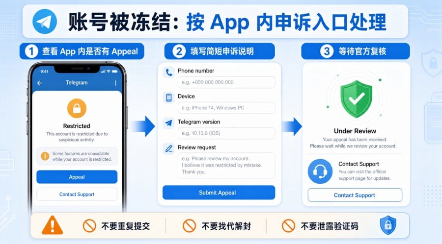 Telegram账号被封或受限怎么办？封禁类型判断、申诉入口与恢复建议 配图 1
