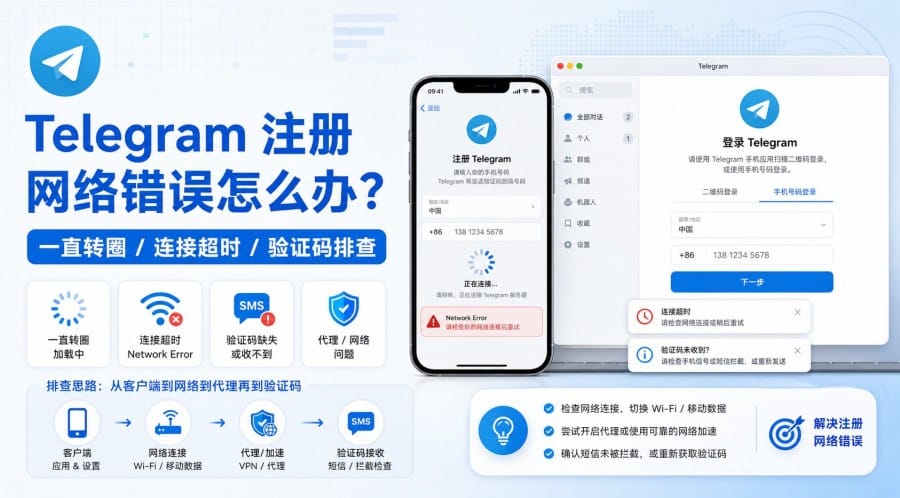 Telegram 注册网络错误怎么办?一直转圈、连接超时和验证码排查