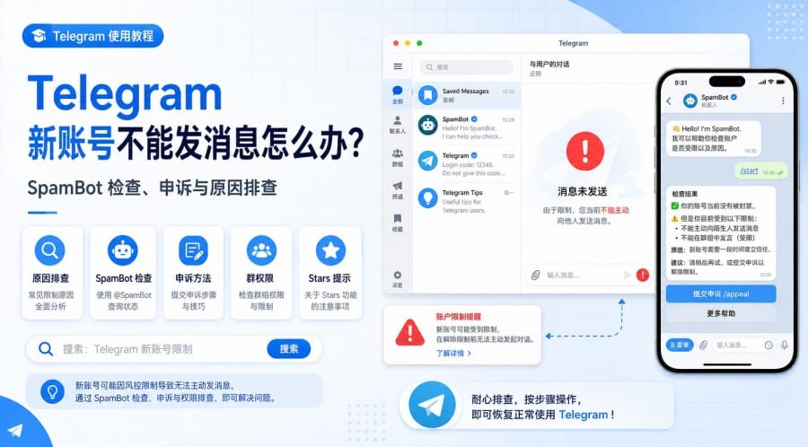 Telegram 新账号不能发消息怎么办?SpamBot 检查、申诉与原因排查