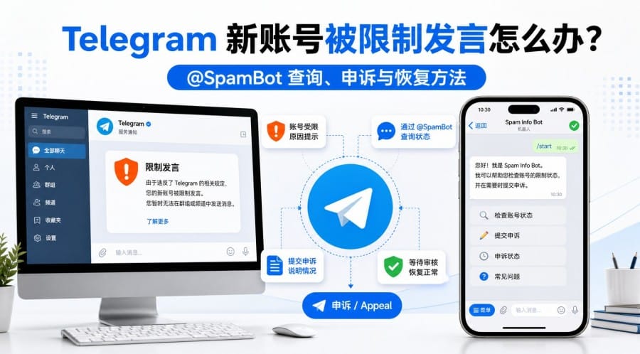 Telegram 新账号被限制发言怎么办?@SpamBot 查询、申诉与恢复方法
